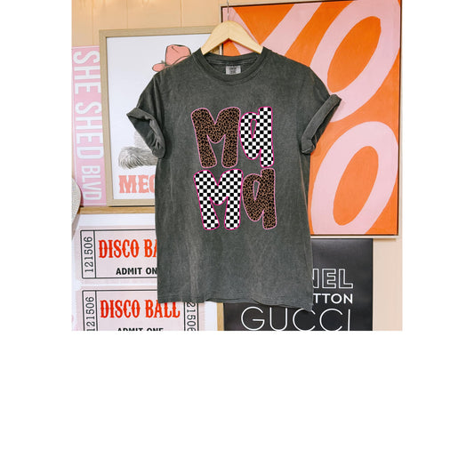 Retro Checkered & Cheetah Print "MAMA" Graphic Tee