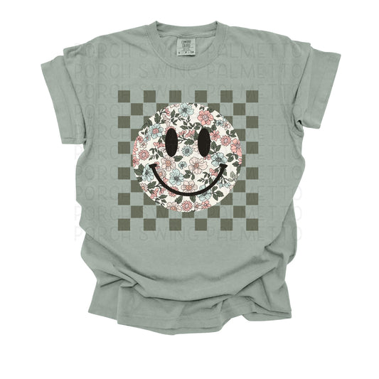 Floral Checkerboard Smiley Graphic Tee