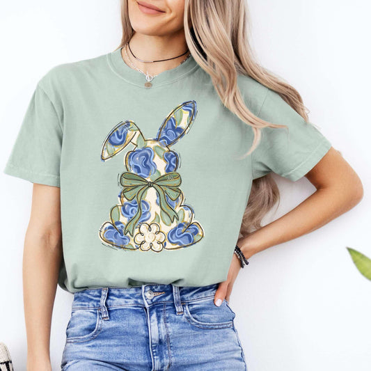 Blue Floral Bunny Bow Graphic Tee